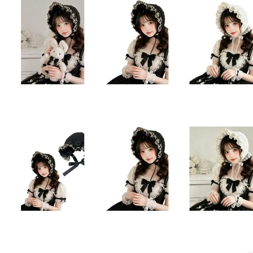 Embroidered Lace Bonnet Cap with Foldable Design for Cosplay Styling Y08E