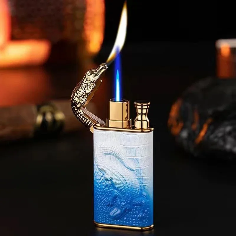 2024 3D Relief Dragon Crocodile Double Fire Lighter Metal Windproof Jet Fire Open Fire Conversion Gas Lighter Smoking Men\'s Gift