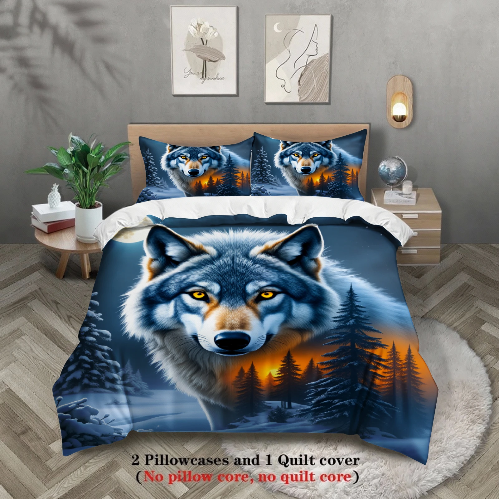 3pcs Wolf Bedding Sets 3D Printed Wildlife Pattern Anti-Slip Easy Care Durable Duvet Cover Sets With Pillowcases No Filling