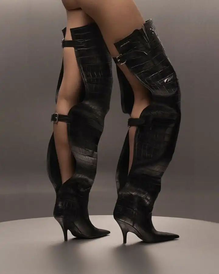 

2025 Sexy Crotch Thigh High Boots Over The Knee Boots Hollow Out Women Botas Mujer Sexy Knee High Heels Boots 44