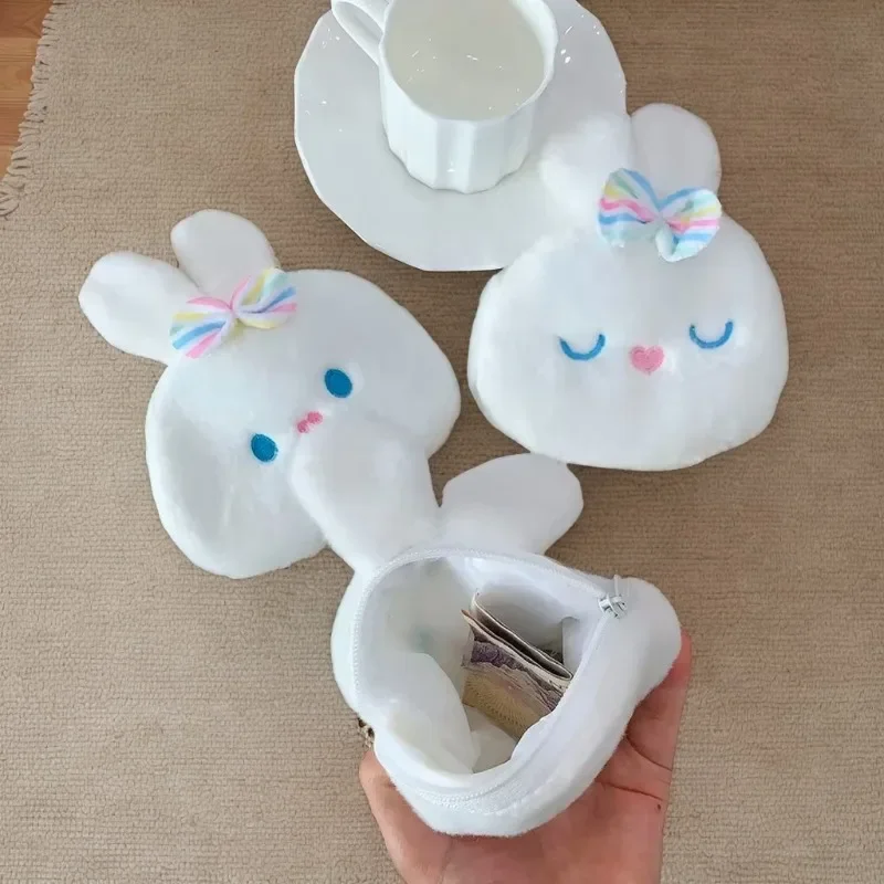 Cute White Rabbit Keys Earphone Organizer Bag Comfortable Soft Plush Rabbit Coin Purse for Small Photo Cards Storage Bag
