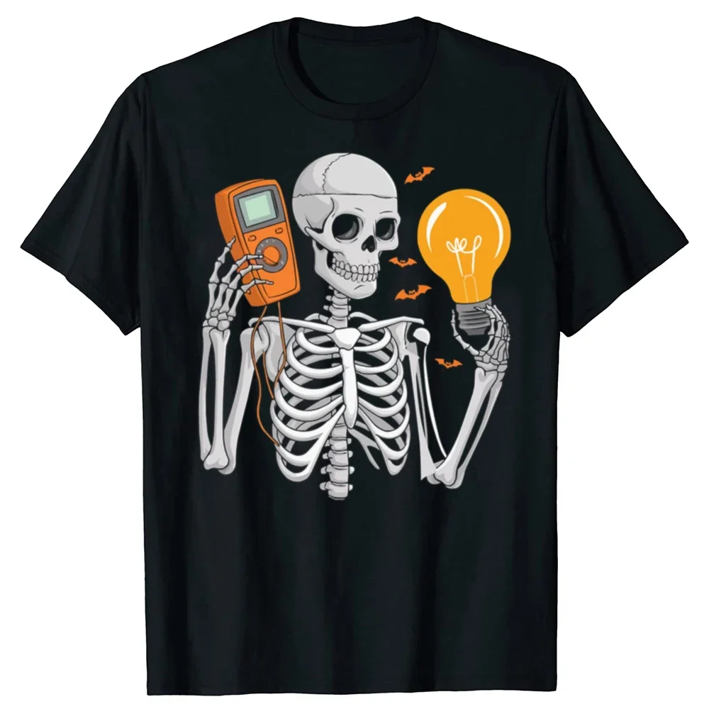 

Electrician Skeleton Multimeter Light Bulb Graphic Tee Men Women Casual Short Sleeve T-Shirt
