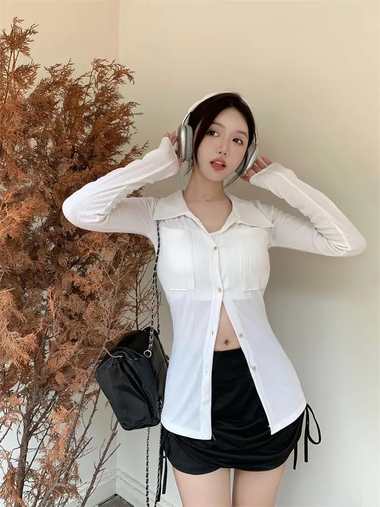 Fashion Women Shirts Button Korean All Match Streetwear Female Slim Blouse Casual White Long Sleeves Shirt Outerwear New