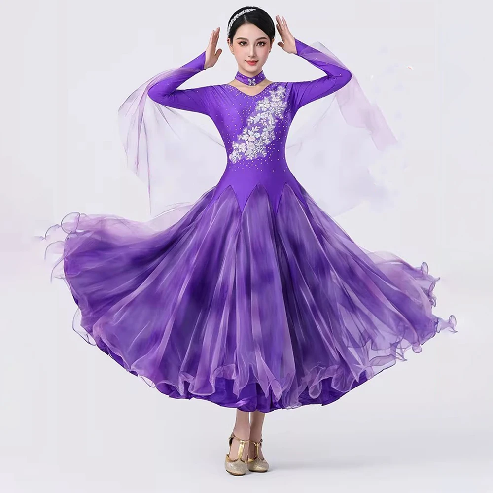 Elegant Ballroom Dance Dress for Women Long Sleeve Modern Competition Gown  Big Swing Waltz Tango  Stage Performance Costume