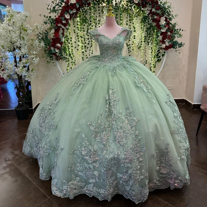 Mint Green Sparkly Quinceanera Dresses Applique With Big Bow Off Shoulder Corset Prom vestido de 15 años Sweet 16 Lace Up