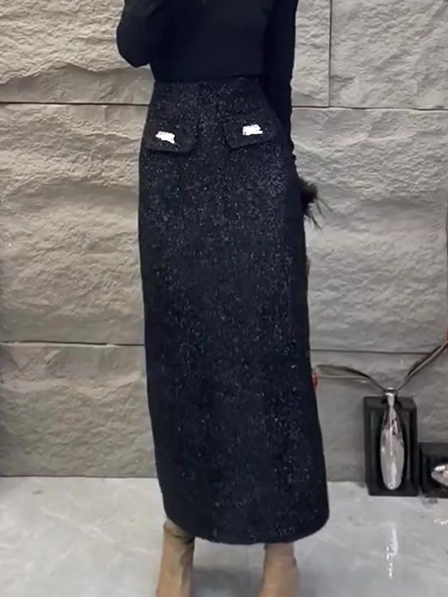 Elegant High Waist Thickened Woolen  Skirt for Women Sparkling Straight Cut Commute Style Daily Wear A-Line Skirt