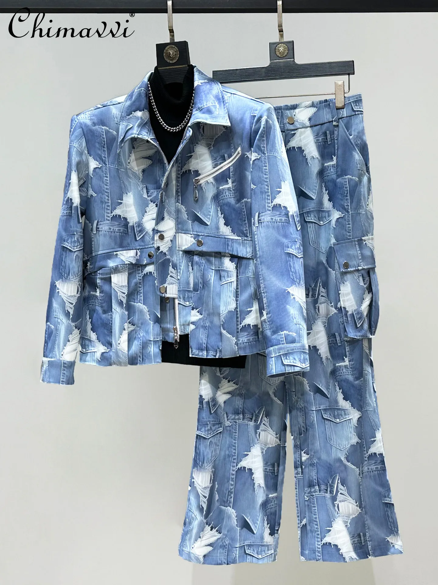 

2026 весенние новые модные мужские комплекты с индивидуальным принтом в стиле пэчворк, стильная короткая джинсовая куртка, прямые брюки, мужские комплекты из 2 предметов