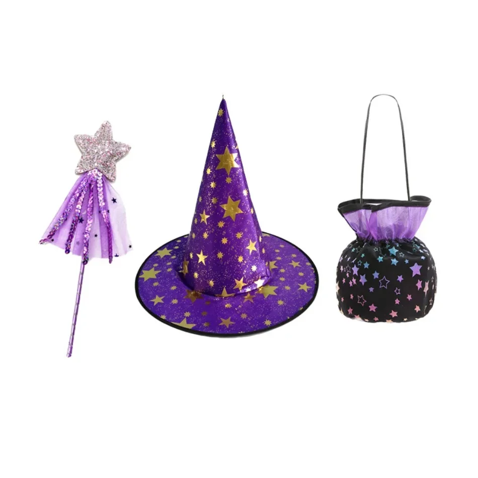 Kinder-Halloween-Hexen-Kostüm-Set mit Kapuze, Hexenhut, Zauberstab, Süßigkeitentasche, Kinderparty, Mädchen-Hexen-Umhang, XMZ65 – Detail 10