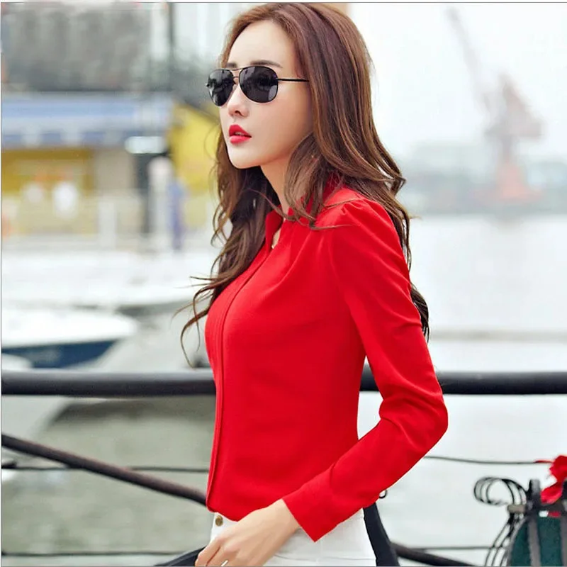 Long Sleeve Shirt Women Autumn Clothing Fashion Slim Blouse V Neck Korean Elegant Ladies Office Shirts White Red