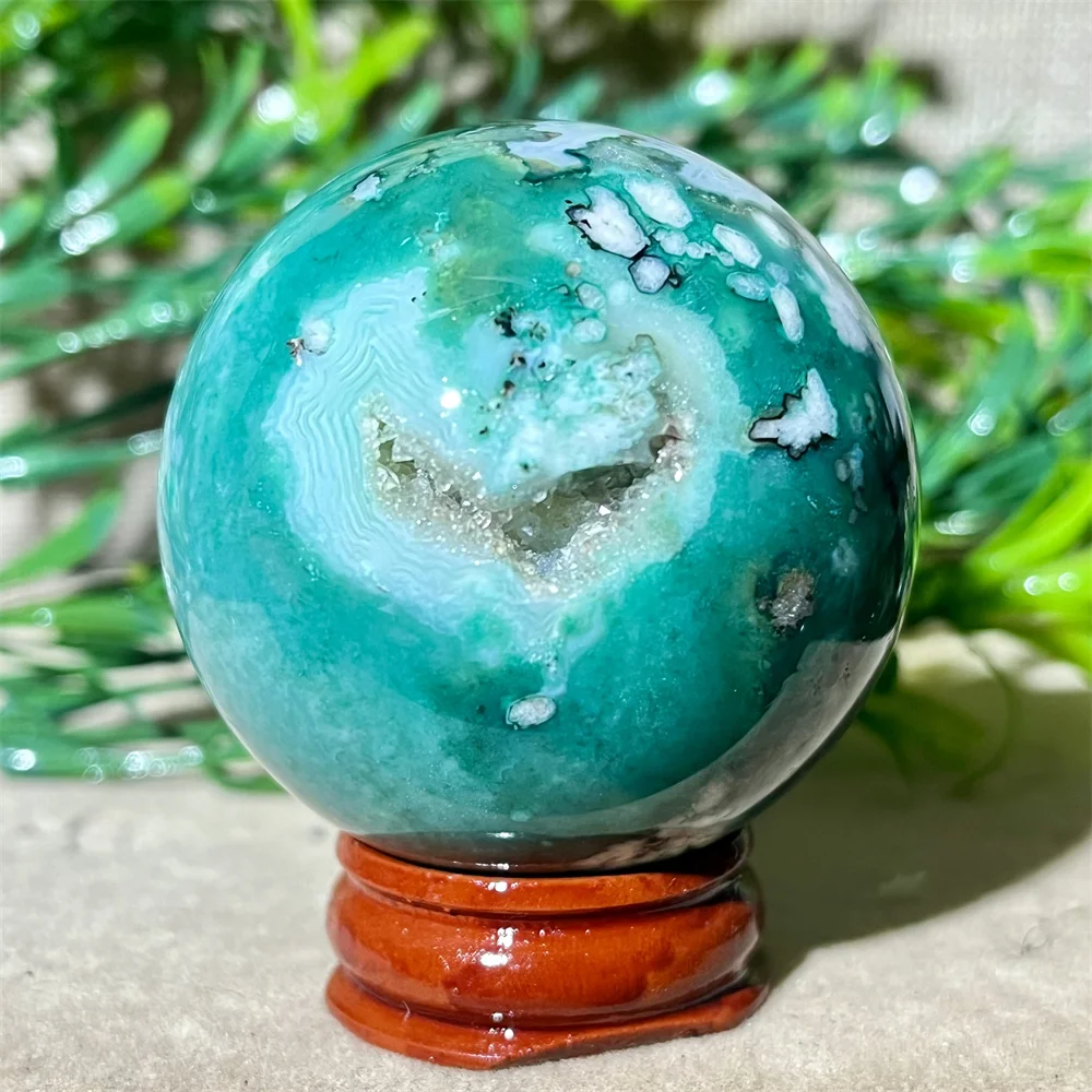 

Crystal Natural Green Flower Agate Sphere Ball Druzy Healing Feng Shui Witchcraft Quartz Stone Gemstone Home Decoration+Stand