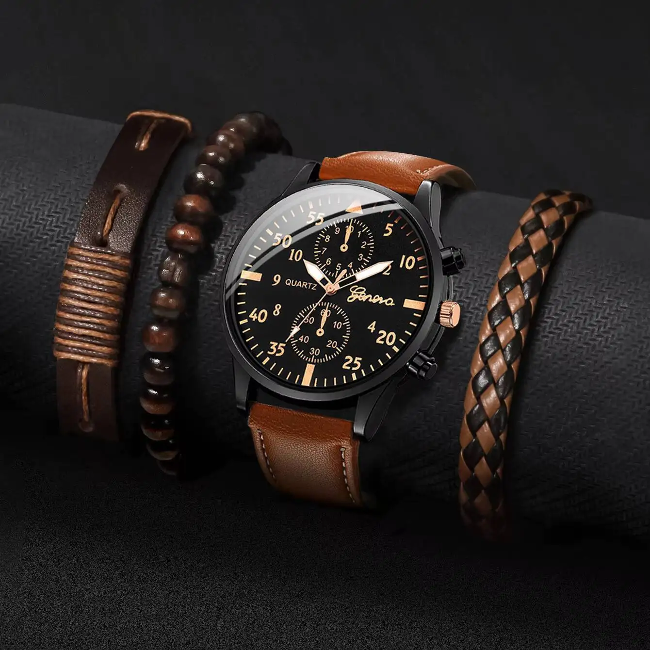 Conjunto de relojes de negocios para hombre, pulsera de cuarzo con esfera árabe, de cuero, Vintage, sin caja, 4 unidades