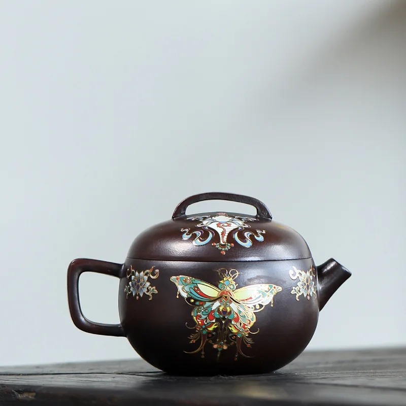 210cc Yixing raw ore iron blood red sand purple sand teapot handmade enamel color Han tile teapot Kung Fu tea set