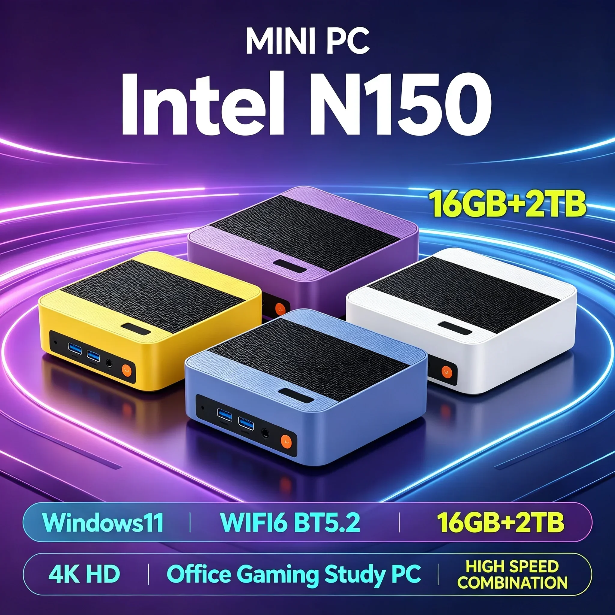 Multi-color Mini PC Intel N150 Windows 11 16GB Memory 1TB/2TB SSD WiFi6 BT5.2 Office Mini Computer Host for Daily Work Home Use