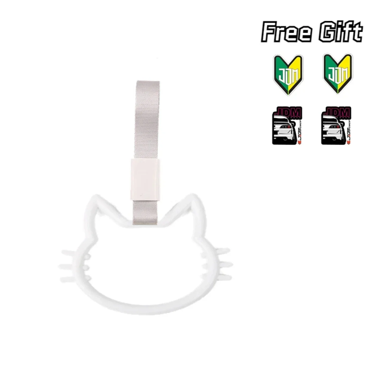 Charming Cute Glow-in-the-dark Cat Shape JDM Tsurikawa Train Bus Handle Hand Strap Set - Unique Drift Charm and Warning Ring, Id