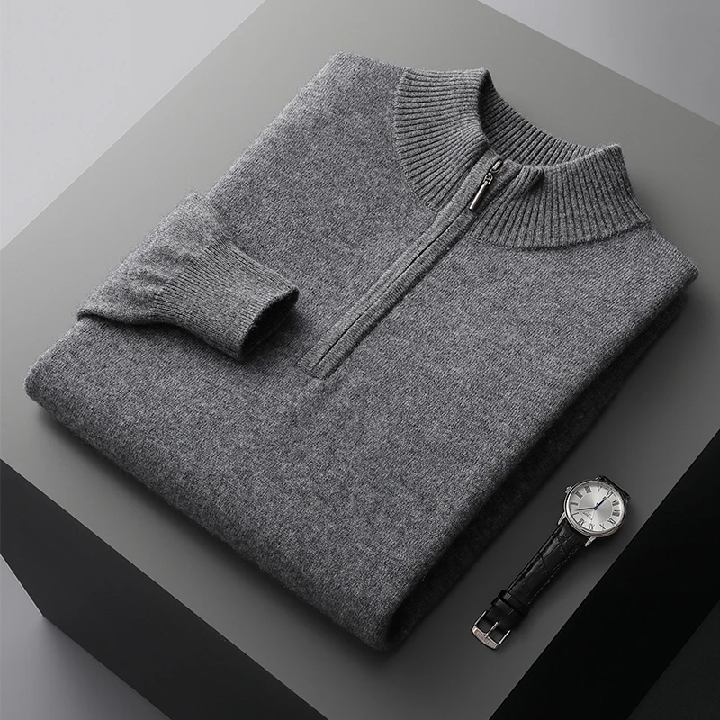 Autumn And Winter New 100% Wool Men's Semi-High Neck Zipper Thick Sweater Loose Business Knitting Bottoming Shirt