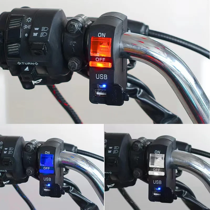 Interruptor de luz Universal para manillar de motocicleta, accesorio de 22mm, 12V, 2a, 6 cables, con cargador USB, LED