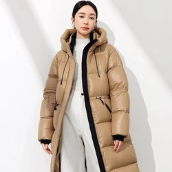 Women's 90 Duck Down Hooded Jacket, High-end Long Parka, Warm Casual Coat, Waist Design, Loose, Winter, New, 2024