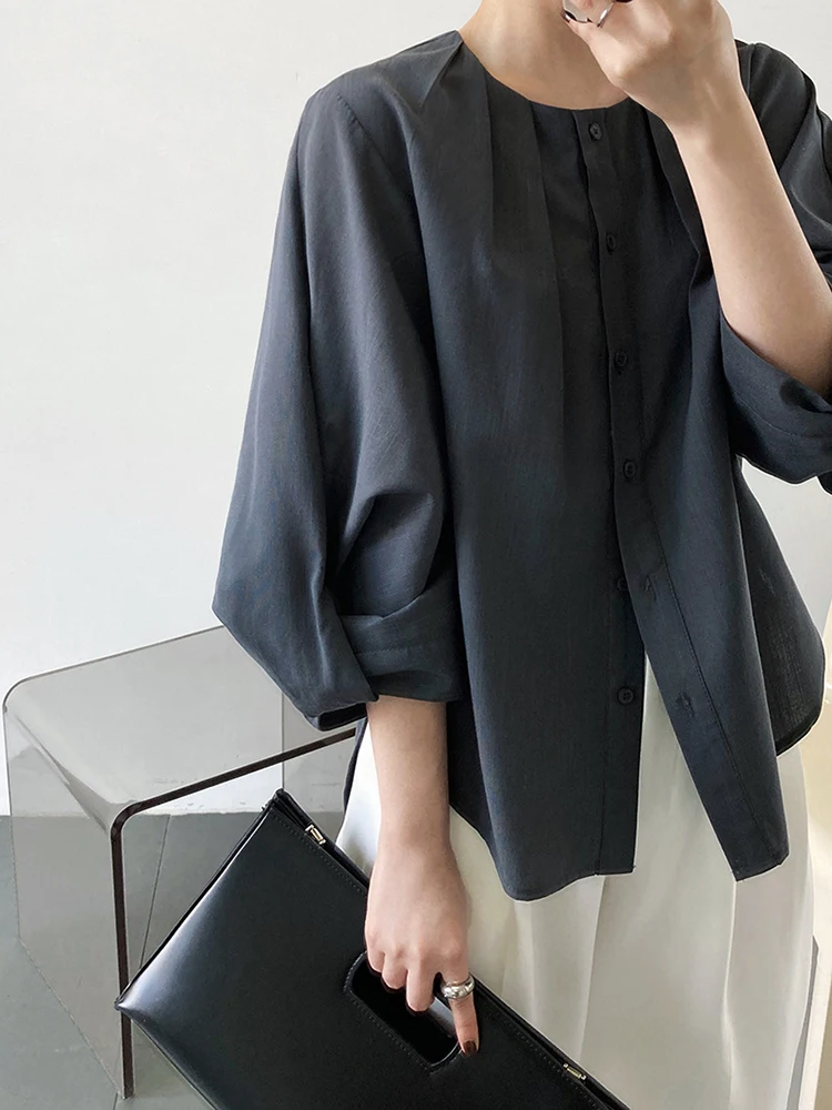 Eam-女性用ホワイトラウンドネックブラウス,ラージサイズ,エレガントシャツ,七分袖,ファッショナブル,タイ,春,秋,新品,2024,1dh6001