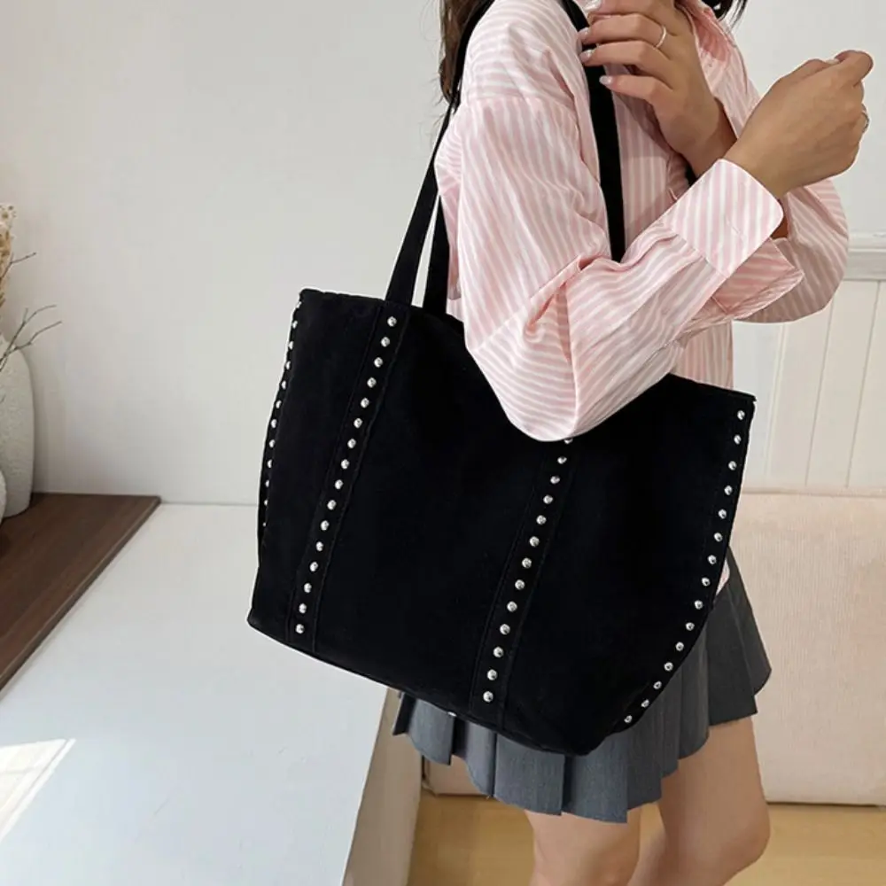 Korean Style Suede Rivet Tote Bag PU Leather Stud Decorative Suede Leather Shoulder Bag Brown Solid Color Matte PU Handbag Girls