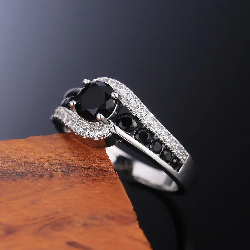 Personality Silver Color Black Stone Women Wedding Ring Dazzling Crystal Zircon Delicate Gift Top Quality Female Classic Jewelry