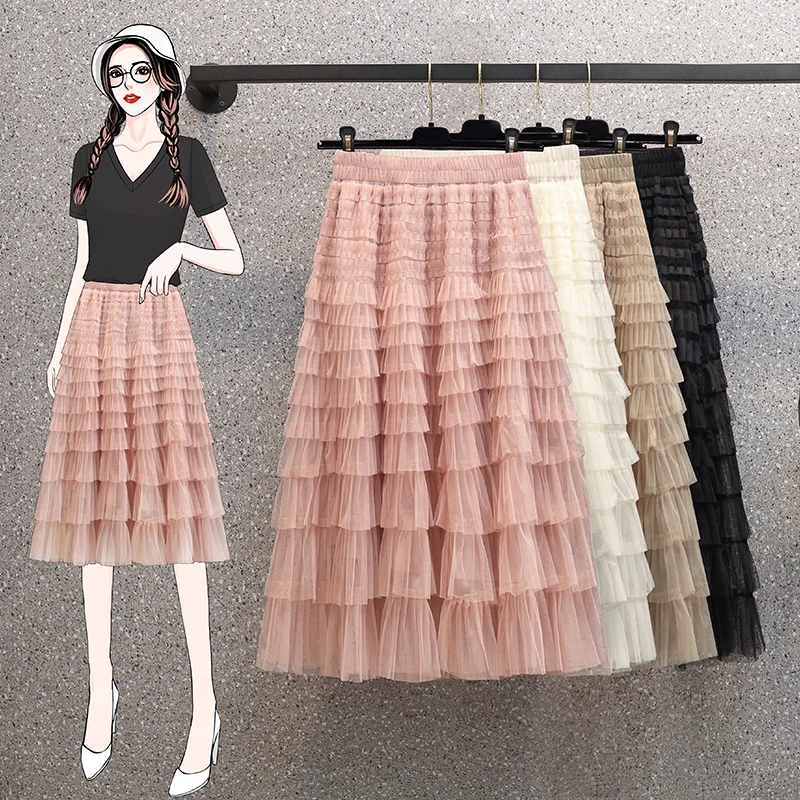 

Tutu Cake Women Elegant Cascading Ruffles A Line Long Skirts Female Casual Elastic Waist Party Lace Pleated Skirt Faldas F131