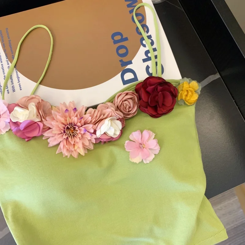Estéreo flor camisola coletes feminino sexy elegante colheita topos 2025 verão sem mangas estilo francês moda chique senhoras camisetas topos estilingue