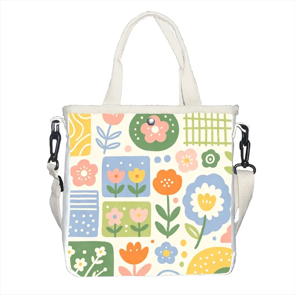 Colorful Pastel Floral Print Tote Bag, Adjustable Strap Cute Minimalist Shoulder Bag