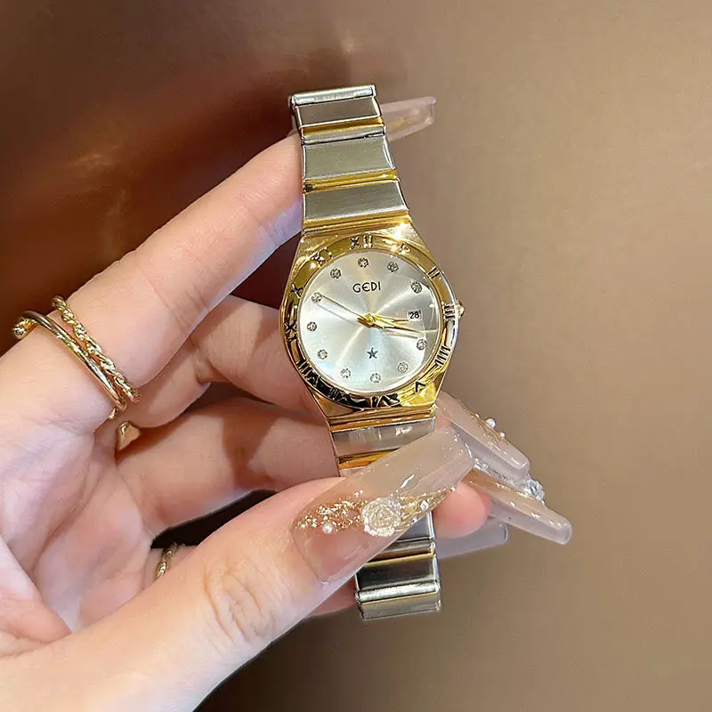 New Exquisite Quartz Watch Luxurious Women'S Watch, Versatile And Stylish Steel Band Watch With Gold Accents, Elegant Timepiece.