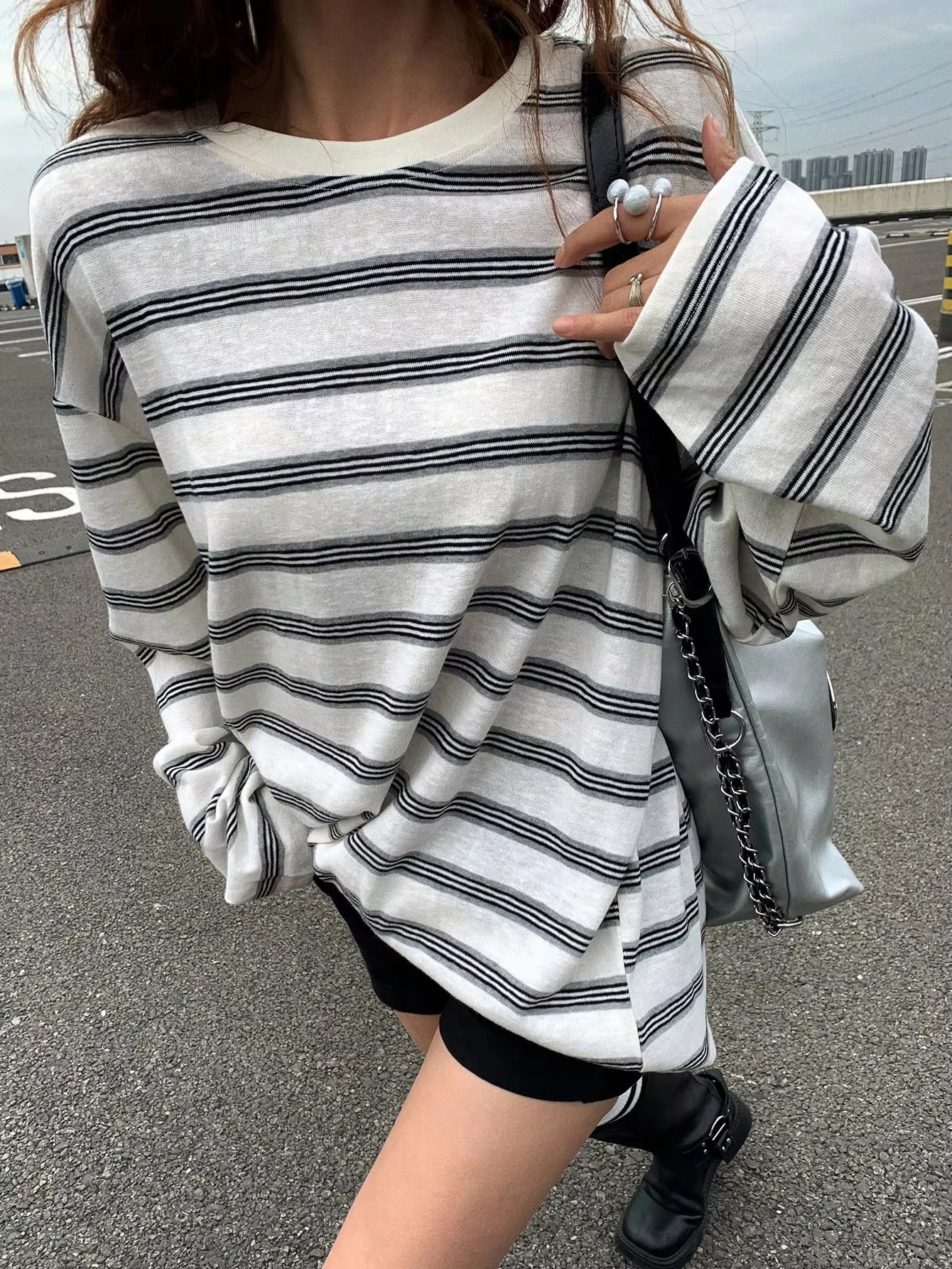 Spring and Autumn Women's Men's Casual Stripe Pattern Plus Size Retro American Style T-shirt Round Neck Long Sleeve T-Shirt
