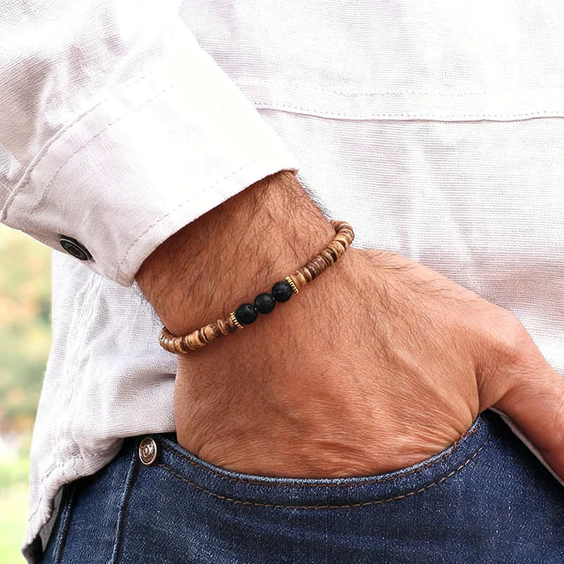 New Handmade Natural Coconut Beads Wood Bracelet Men Tiger Eyes Lava Obsidian Stone Positive Energy Meditation Healing Braslet