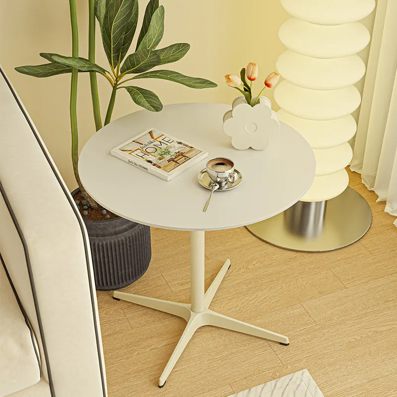 Cream Style Iron Lift Coffee Table Round Side Table For Small Apartment Living Room Balcony Sturdy Durable Thick Top Furniture