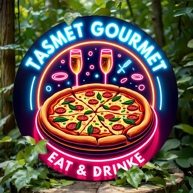1 Stück rustikales rundes Aluminiumschild, italienische Küche, Neonlichter, Metallwandkunst, Pizza-Thema, Innendekoration für Zuhause, Büro, Country-Ru