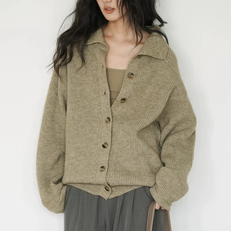 

100% Pure Wool Cardigan Women High Lapel Collar Cashmere Sweater POLO Neck Knit Jacket 2025 Autumn/Winter New Fashion Coat Shirt
