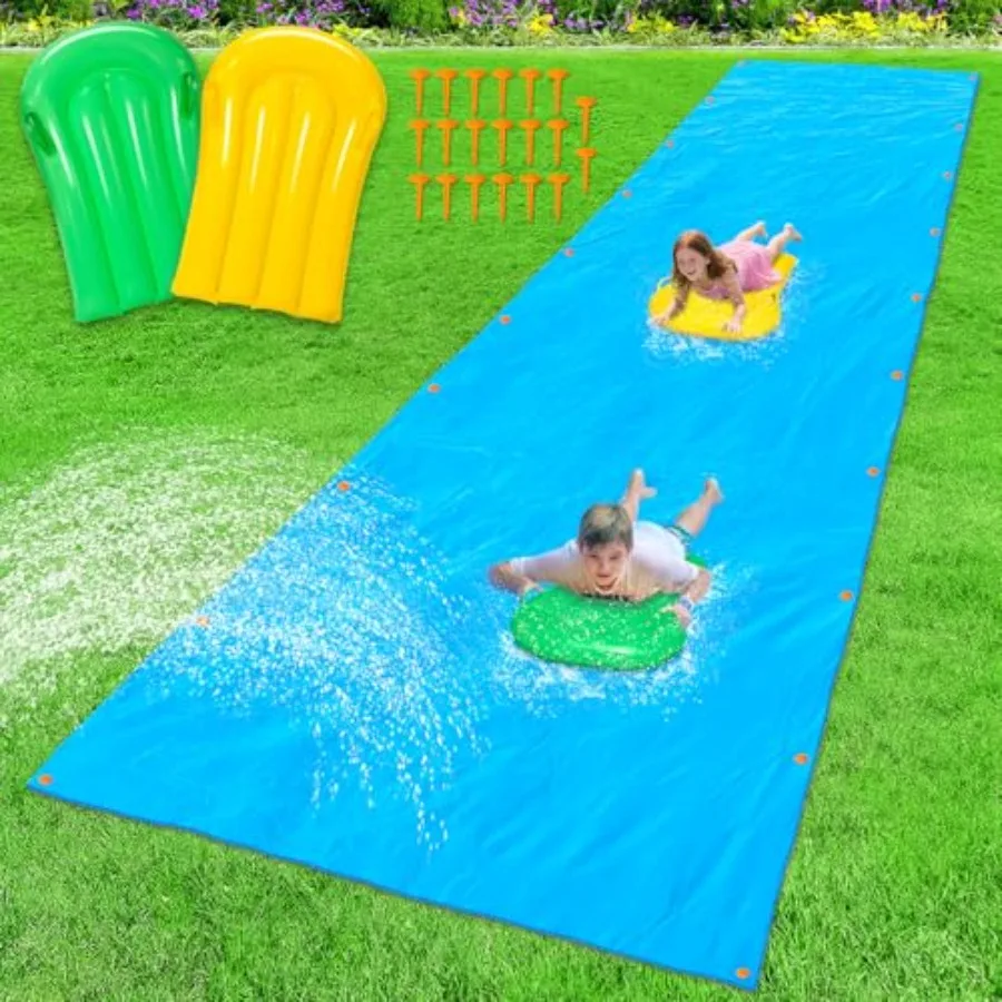 

40'x7.5' Slip Lawn Water Slide - Heavy Duty Outdoor Backyard Summer Party Water Slide with 2 Bodyboards and 20 Stakes in Blue