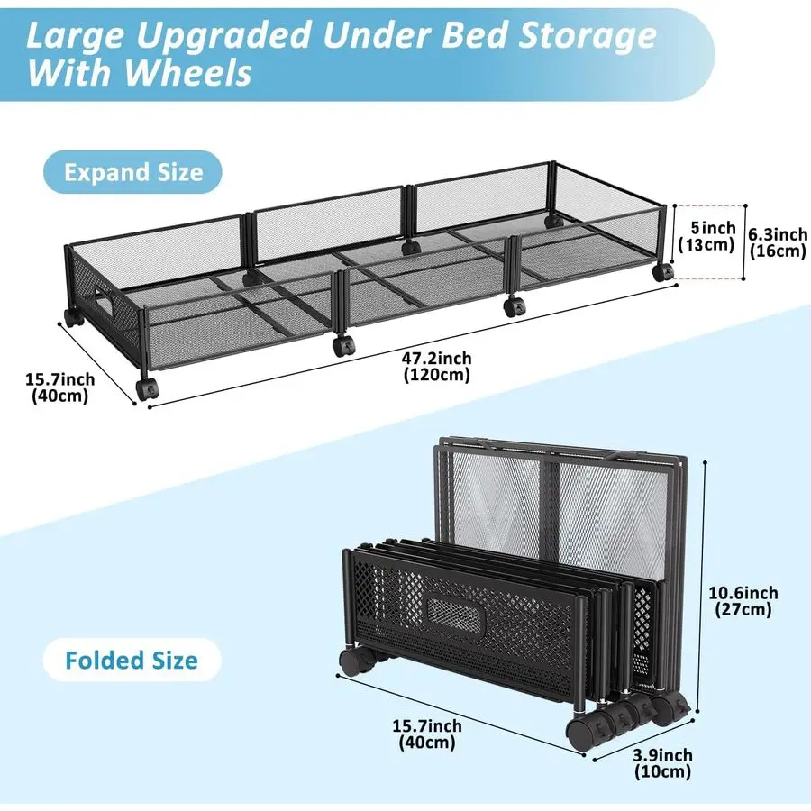 Bed Storage with Wheels 47.2L 57.6L Large Rolling Under Bed Storage, Metal Underbed Containers on Wheels, ToolFree Assembly Fold