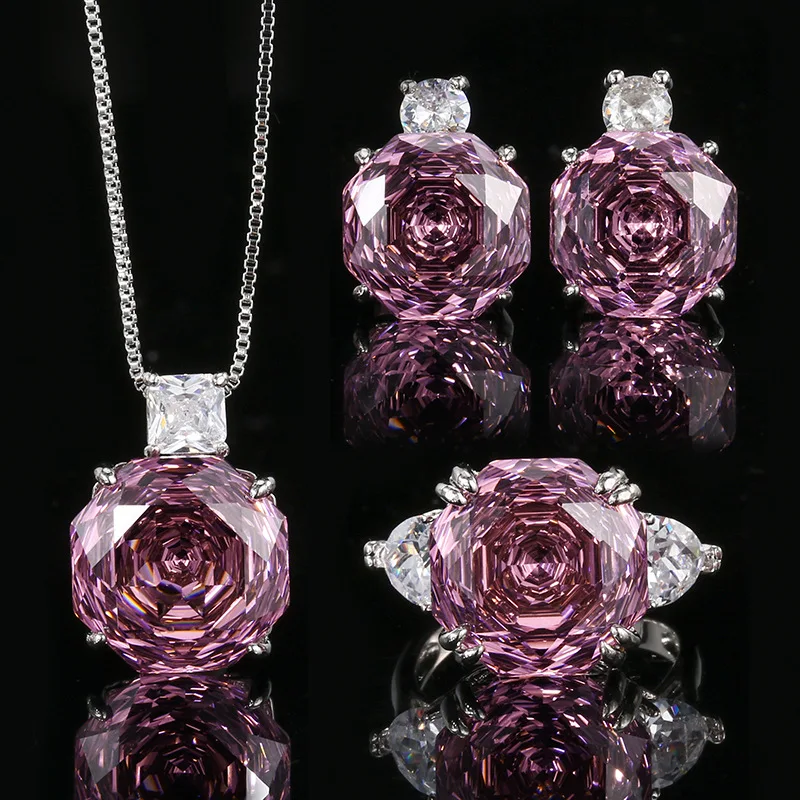 New Luxury Pink Necklace Pendant Ring Earrings Charms Cocktail Party Fine Jewelry Set for Women Anniversary Gift