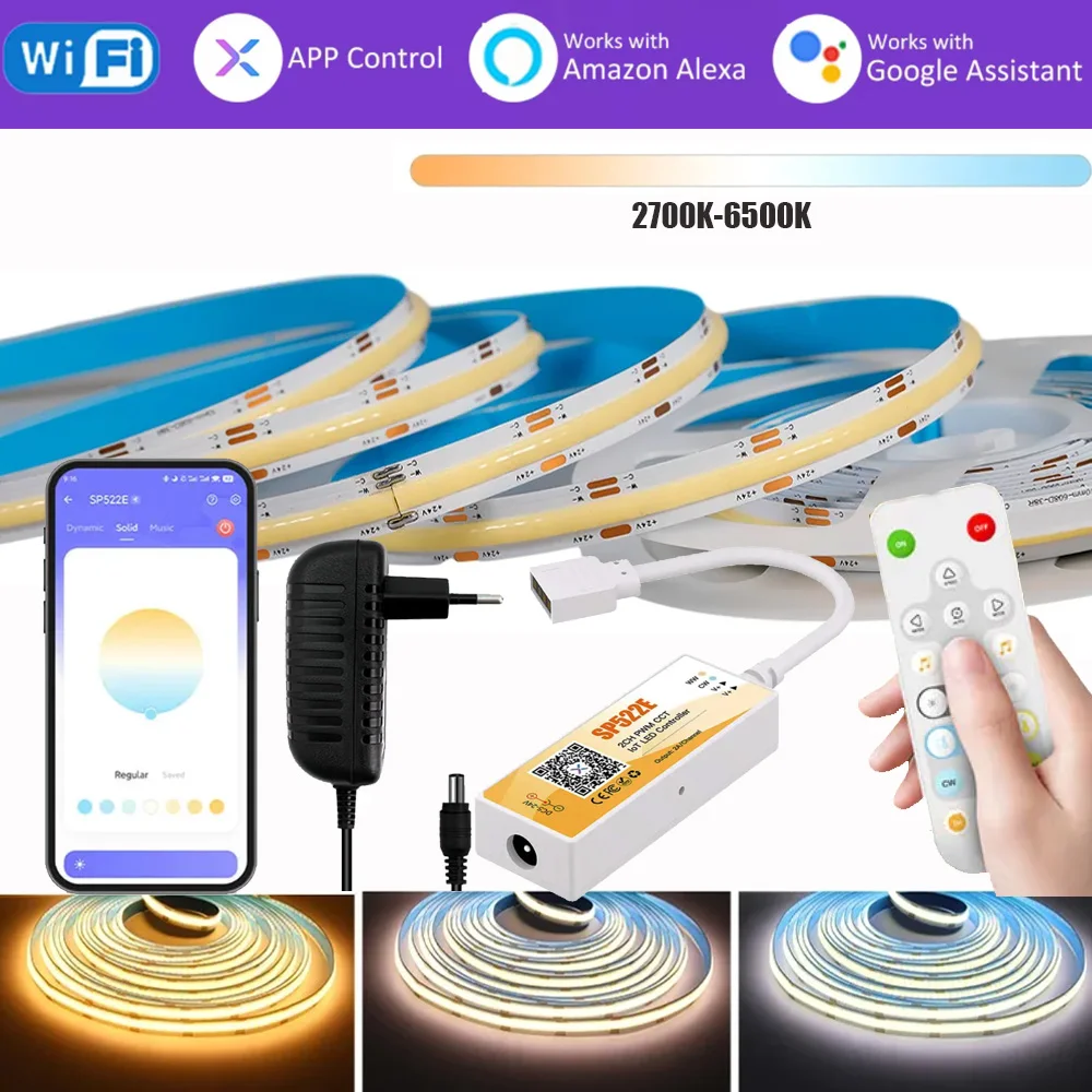 

1M-5M DC24V WIFI CCT COB LED Strip 608Leds/M Super Bright Dimmable Flexible Tape Lights 2700K-6500K BanlanX APP for Alexa Google