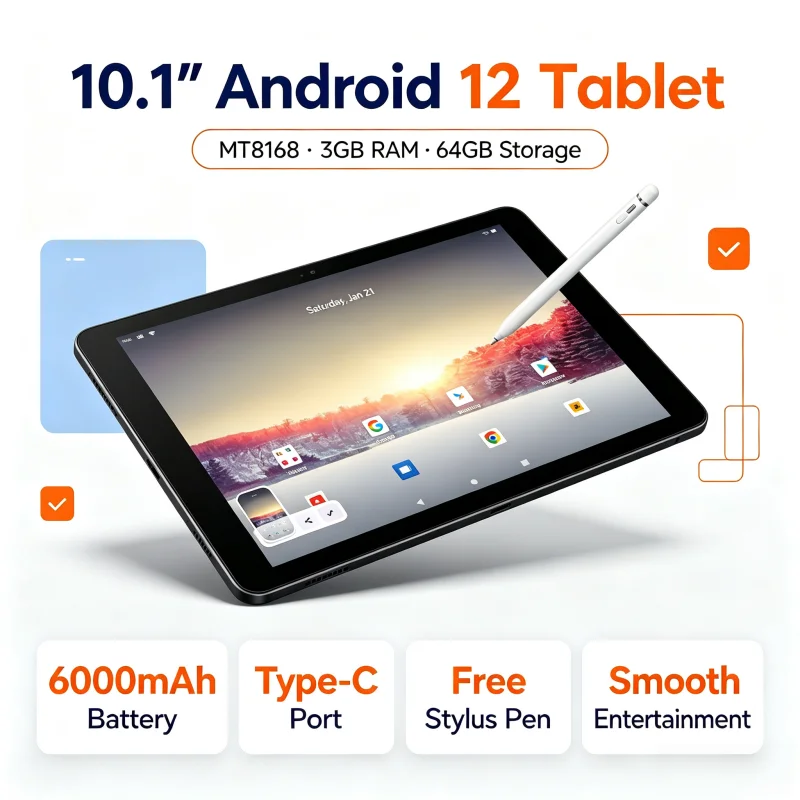 T10 Type-C 10.1” Android 12 Tablet MT8168 HD-MI Port 3GB RAM 64GB 6000mAh Free Stylus Pen
