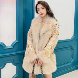 Mid Length Faux Fur Coat for Women, Loose Outwear, V-neck, Sense of Design Jacket, Thick Warm Casual Top, Winter Fashion, New