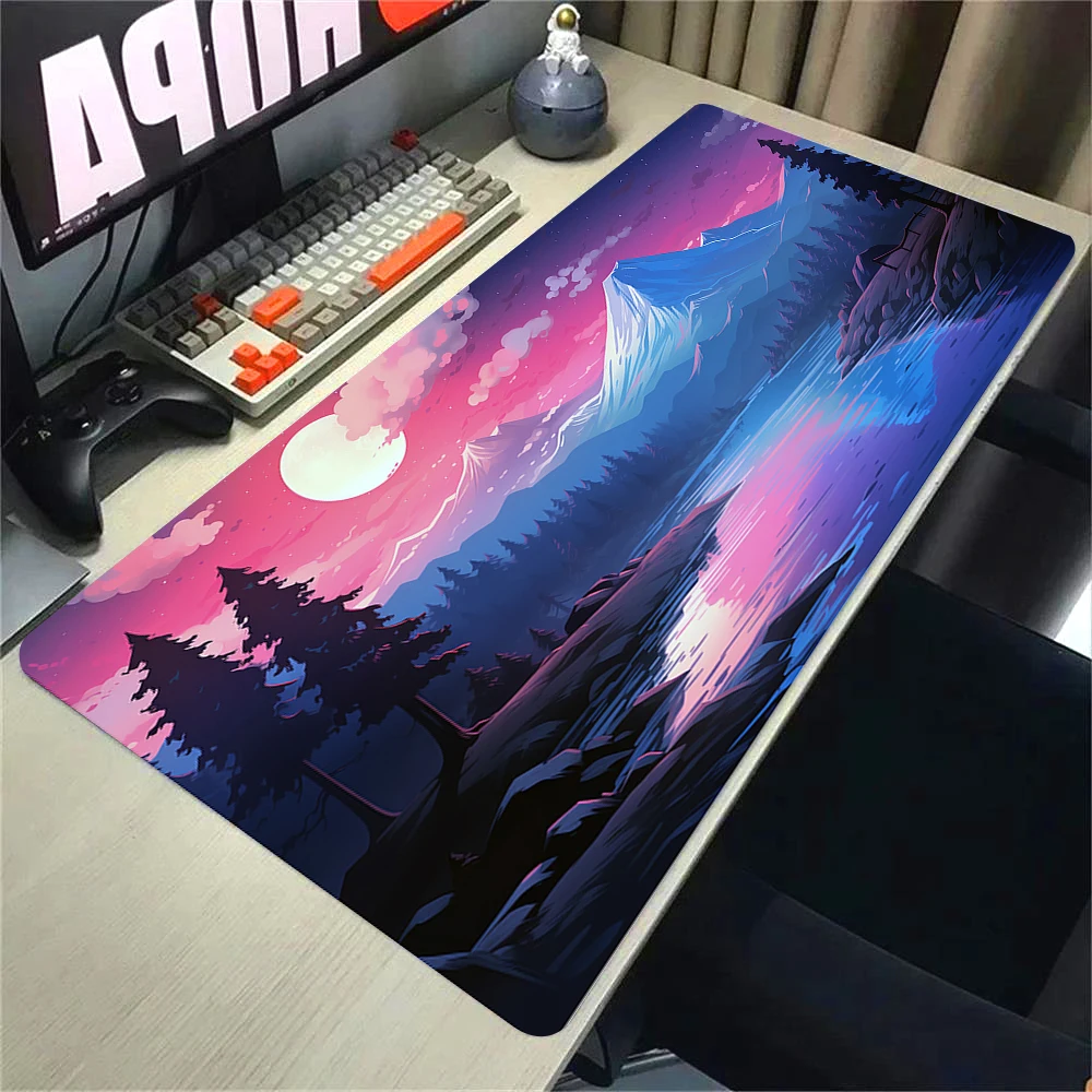 Ordinateur portable Gamer tapis de souris paysage montagne coucher de soleil dessin animé tapis de souris grand tapis bord de verrouillage clavier 700x300 tapis de bureau pour CSGO LOL