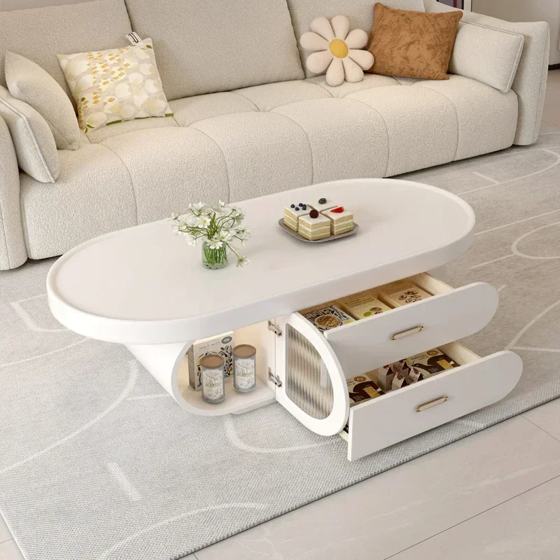 TV cabinet combination oval living room home white high feeling luxury Living room home Cream style small sized coffee table