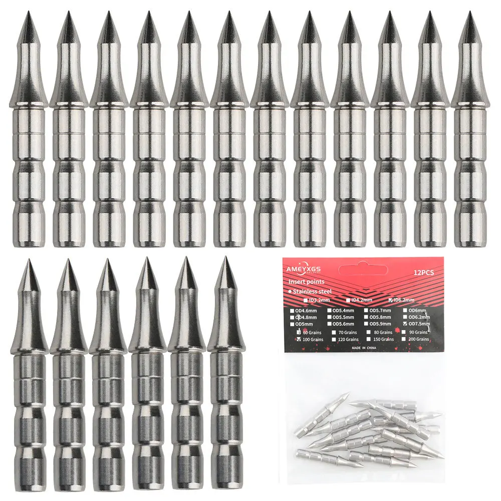 

100grain Arrowhead Archery Arrow Tips Stainless Steel Target Points ID 6.2mm Arrow Shafts Bow Hunting Shooting 12/24pcs