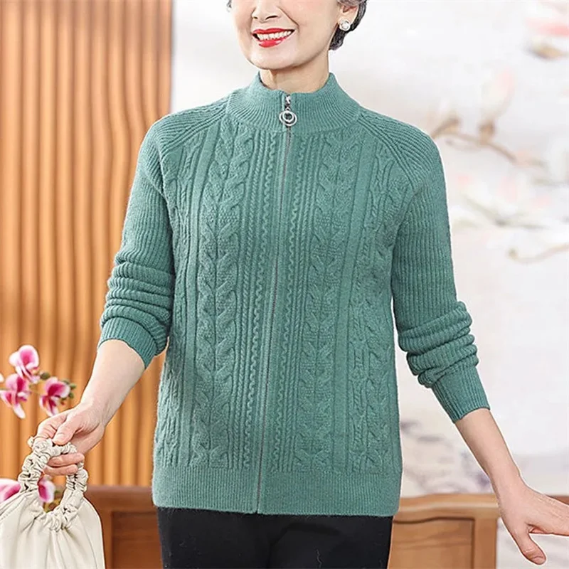 Jaket Rajut Wanita Baru Musim Gugur Musim Dingin 2025 Sweater Berkualitas Tinggi Mantel Wanita Ibu Lansia Kerah Setengah Turtleneck Cardigan Atasan
