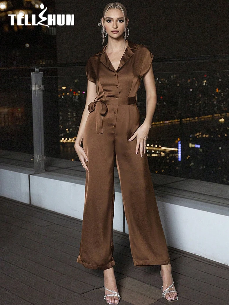 

Satin Lace-up Long Jumpsuits Women Chic Elegant Sleeveless Solid Party Rompers Summer Casual Playsuits Overalls Streetwear