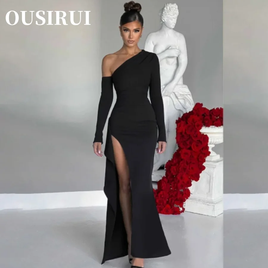 Vestido de noite sexy com fenda alta, Elegante e elegante, Vestido fino para banquete, Emagrecimento, Ombro inclinada, Vestido de manga comprida, Fora do ombro