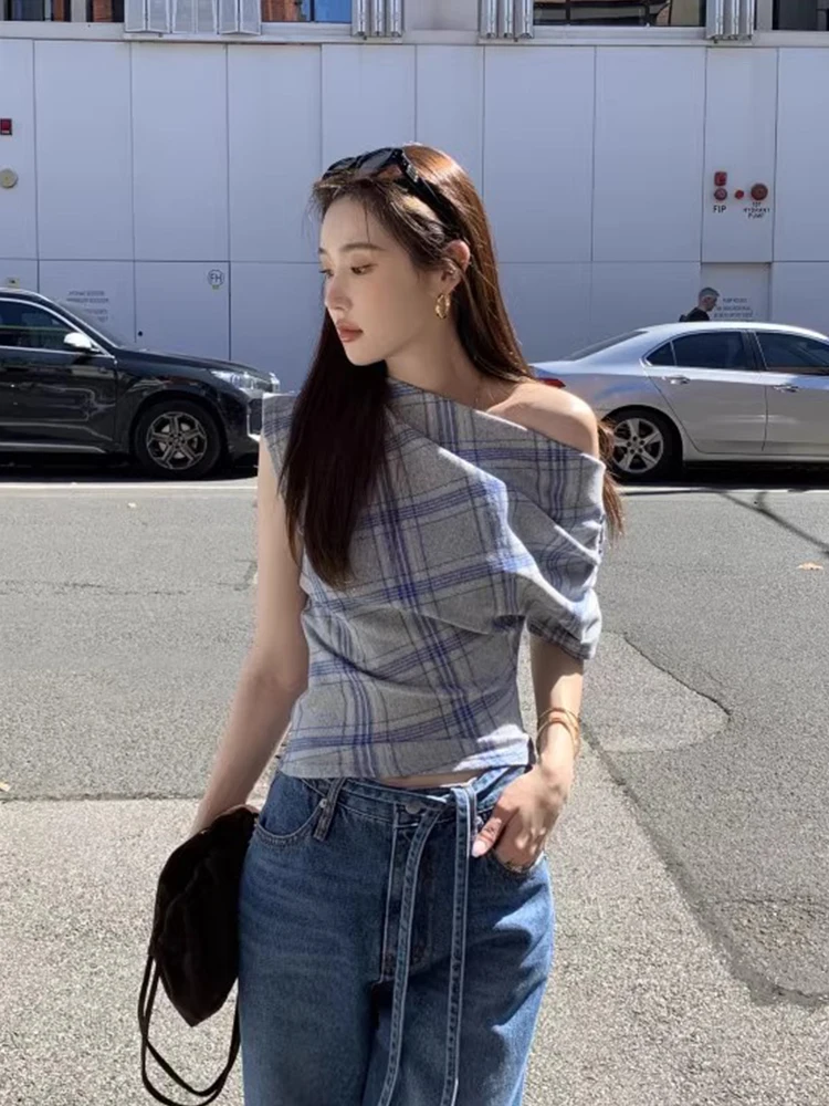 Chic Summer ort Women's irt Slim Fit Plaid Design Sensation Retro Color Blo oulder Design Cotton Commute Sle
