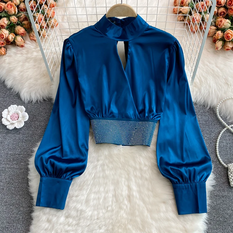 Autumn New Korean Style Stand Collar Chest Hollow Hot Diamond Puff Sleeve Shirt Women\'s Fashionable Short Long-sleeved Top