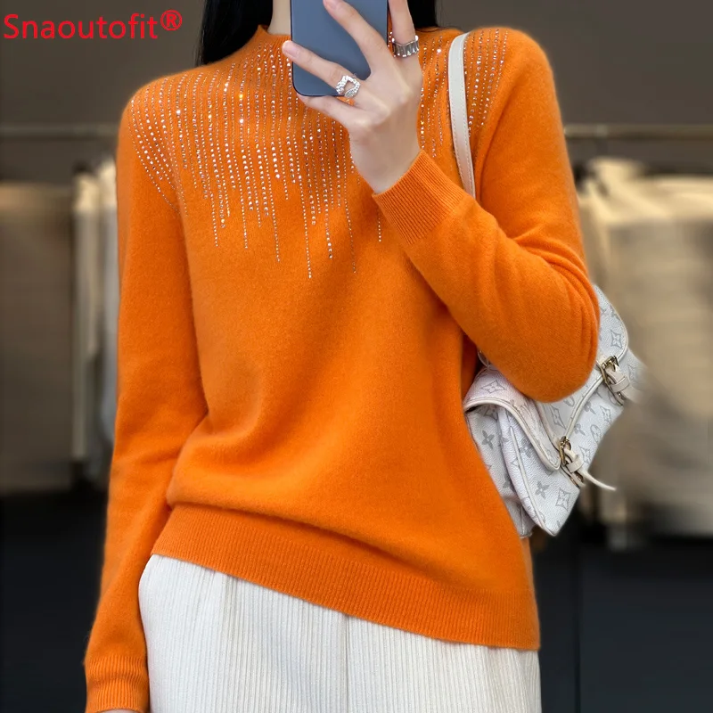 Fall/Winter Semi-Turtleneck Diamond Merino Pure Wool Knit Sweater Women\'s High-End Chic Slim Jumper High Stretch Pullover Tops