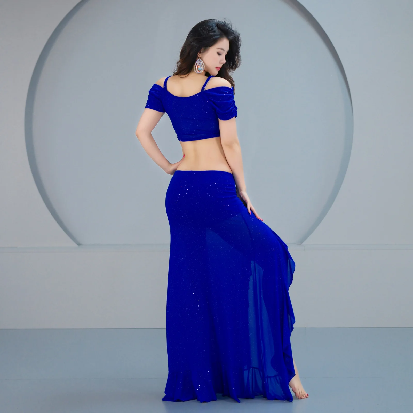 Belly Dance Costume Women Gauze Short Sleeves Top+sexy Split Long Skirt 2pcs Oriental Training Suit Girl's Belly Dancing Outfit