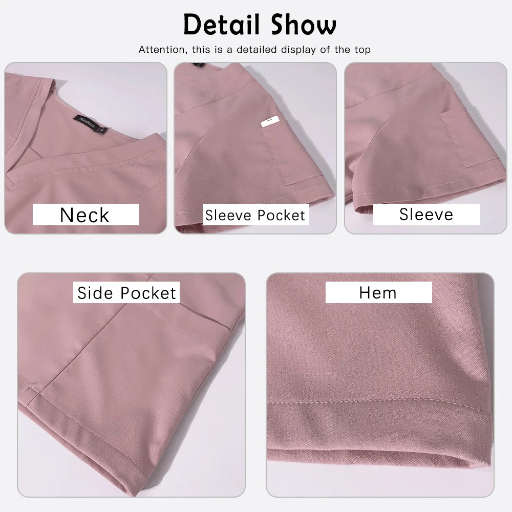 غرفة العمليات ملابس العمل الدعك الطبية التمريض موحدة النساء فرك مجموعة ممرضة جيب أعلى + السراويل دعوى صالون تجميل مختبر عمال